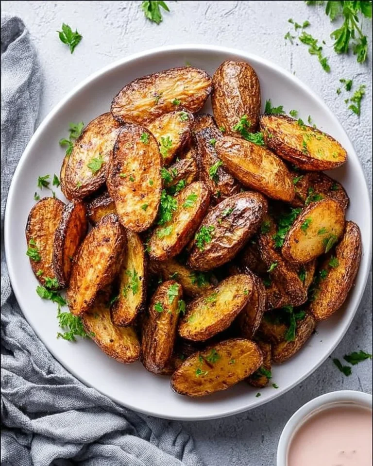 Bowl of roasted fingerling potatoes garnished with herbs
