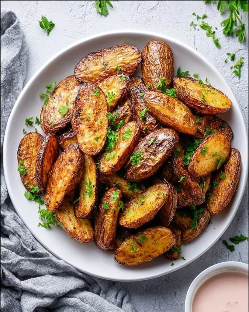 Bowl of roasted fingerling potatoes garnished with herbs