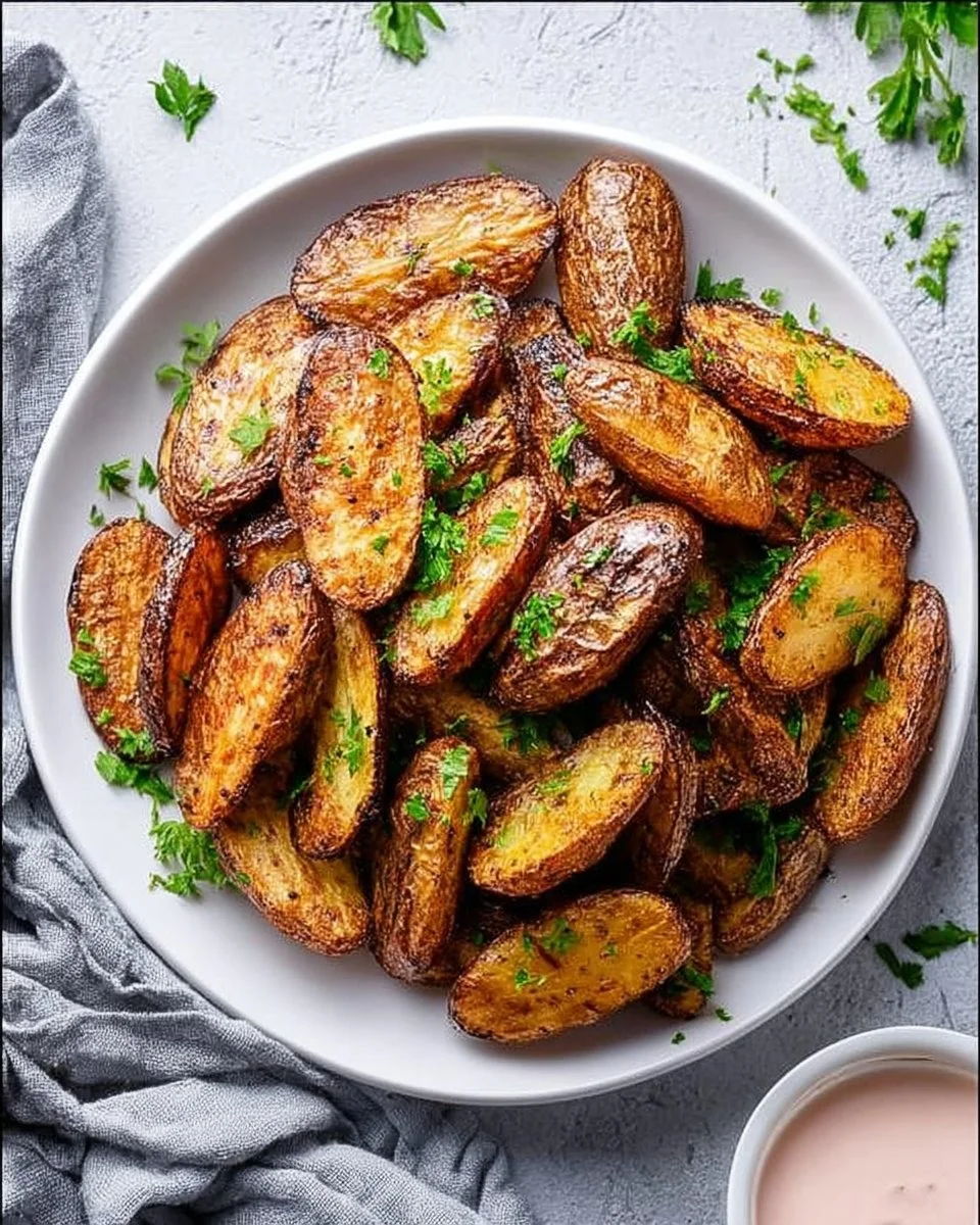 Bowl of roasted fingerling potatoes garnished with herbs
