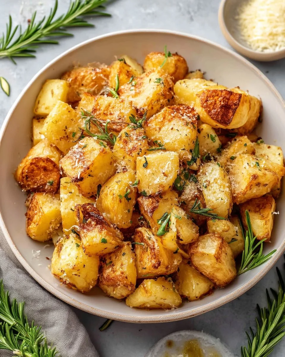 A plate of golden rosemary roasted potatoes garnished with fresh herbs
