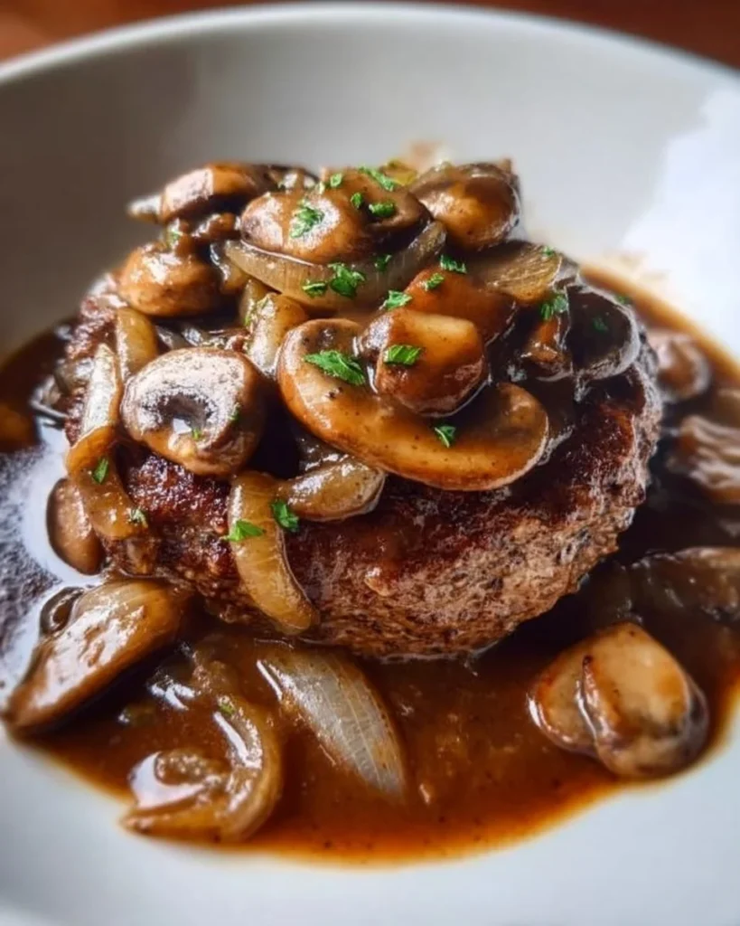 Salisbury steak served with mushroom gravy on a plate
