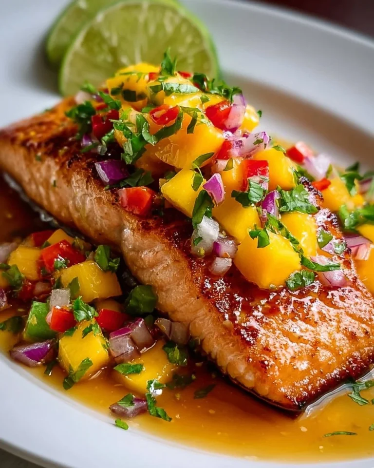 Grilled salmon topped with vibrant mango salsa on a plate.