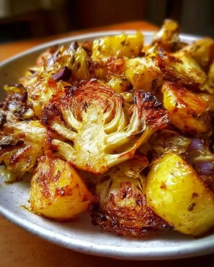 Savory roasted cabbage with potatoes served in a dish for a healthy meal