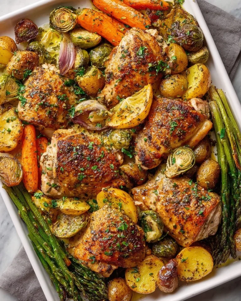 Delicious Sheet Pan Chicken with vegetables ready to be served.