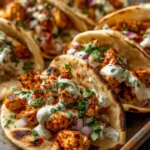 Sheet pan chicken pitas served with fresh vegetables and sauce