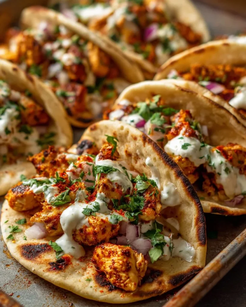 Sheet pan chicken pitas served with fresh vegetables and sauce
