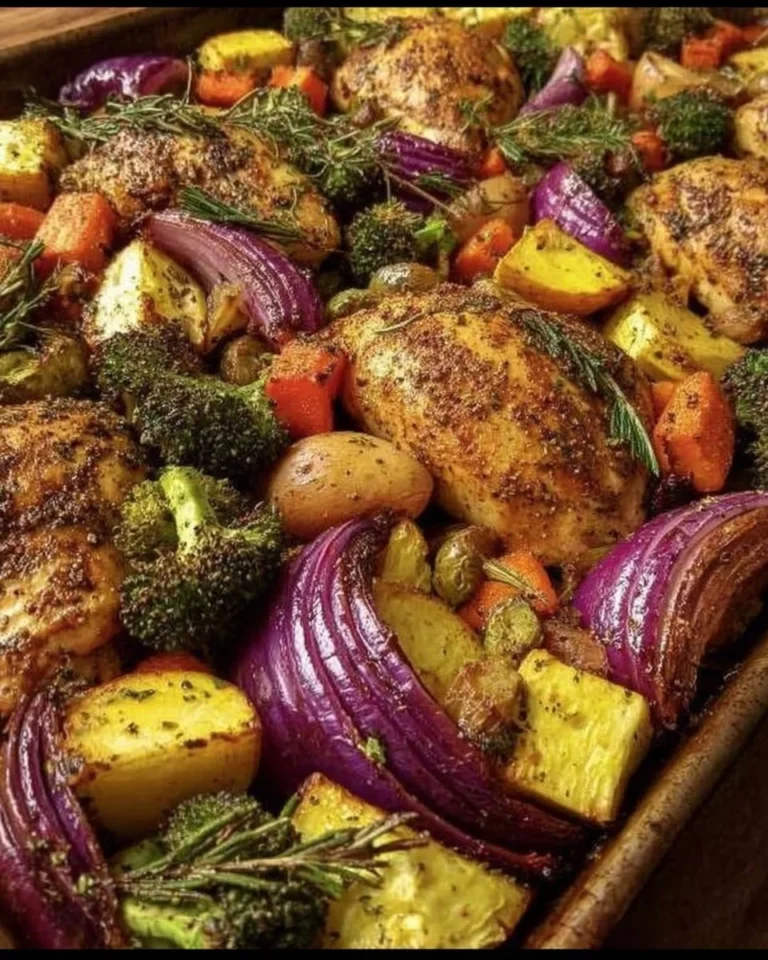 Sheet Pan Harvest Chicken and Veggies on a baking tray.