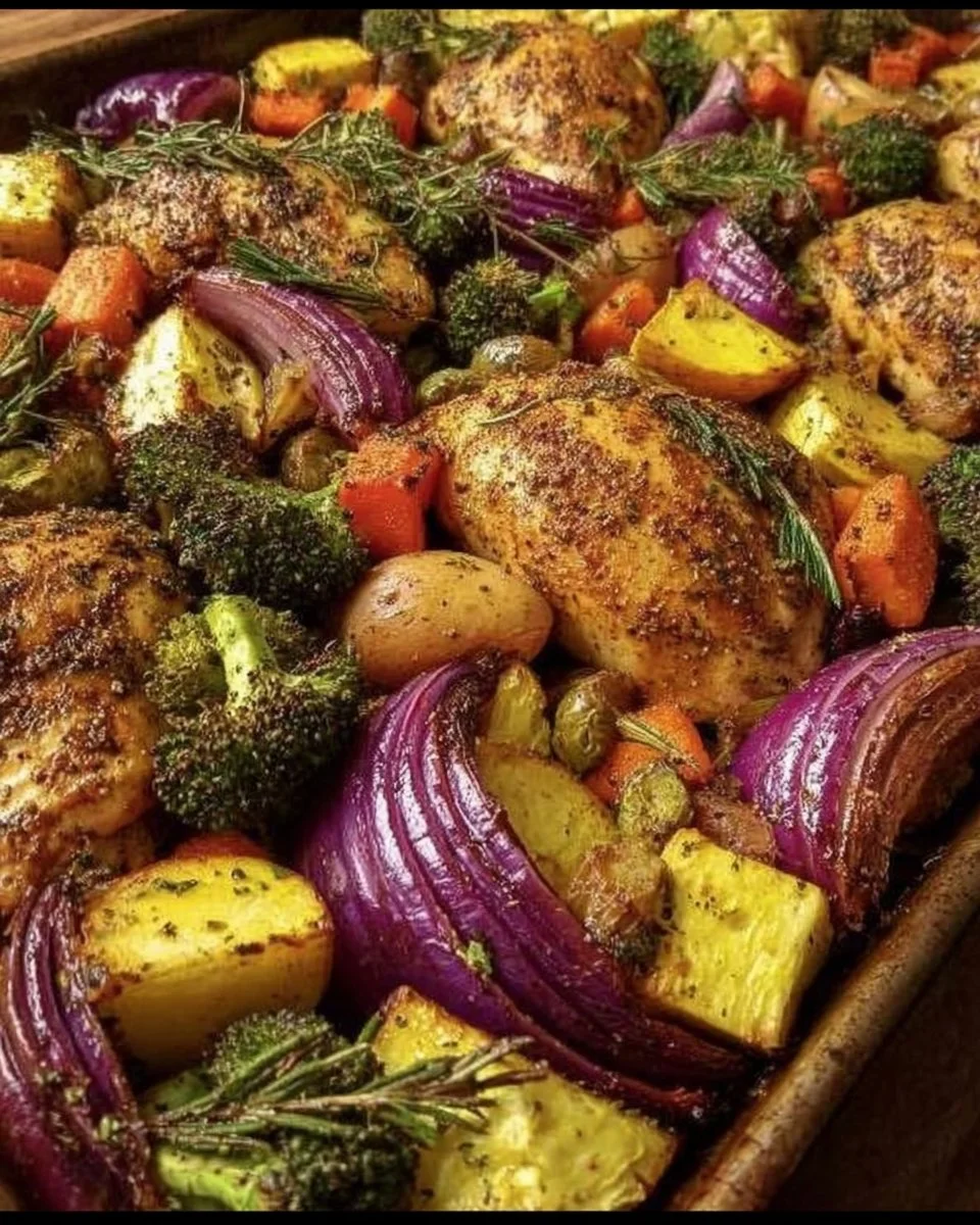 Sheet Pan Harvest Chicken and Veggies on a baking tray.
