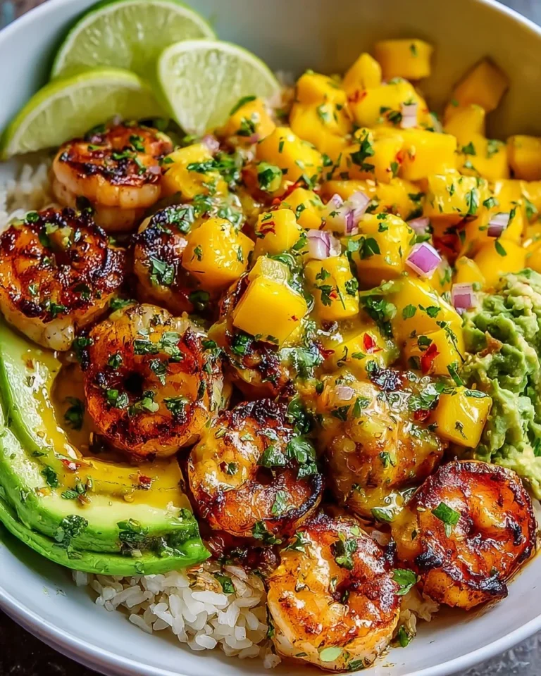 Shrimp and avocado bowls garnished with mango salsa for a colorful and healthy dish.