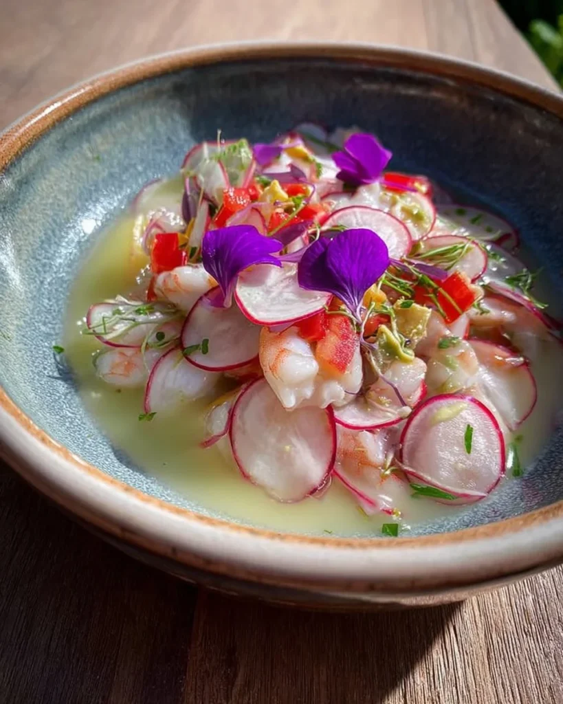Delicious bowl of shrimp ceviche garnished with cilantro and lime.
