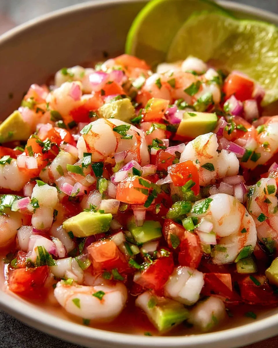 Delicious shrimp ceviche served with lime, cilantro, and avocado.