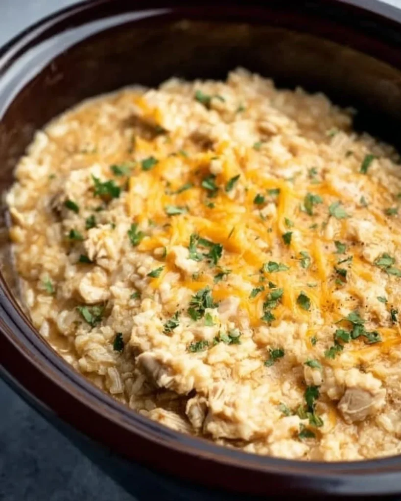 Delicious slow-cooker chicken and rice served in a bowl, garnished with herbs.