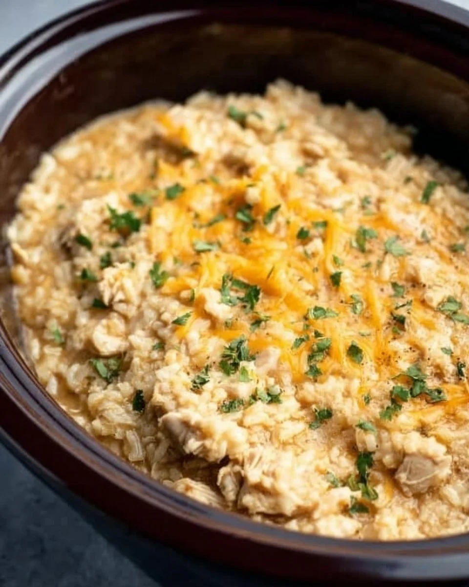 Delicious slow-cooker chicken and rice served in a bowl, garnished with herbs.