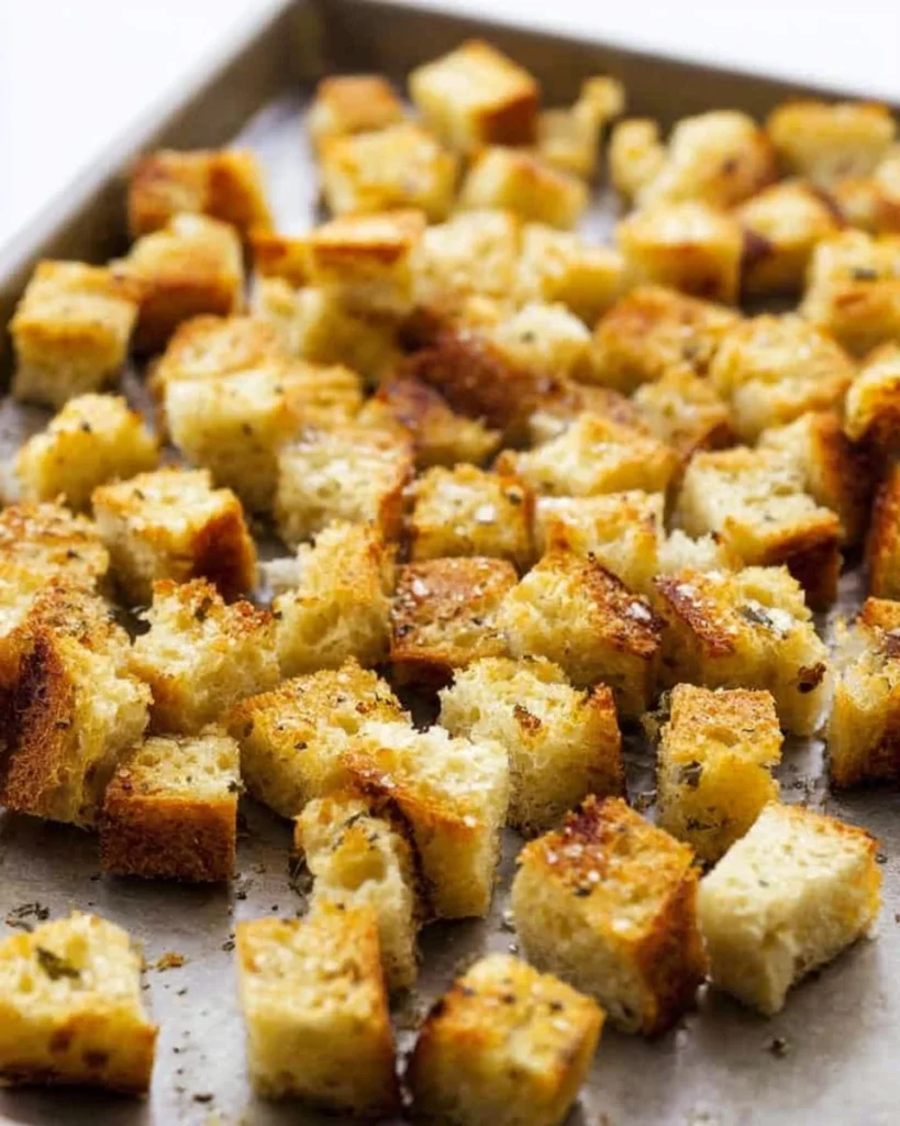 Freshly made sourdough croutons on a wooden table