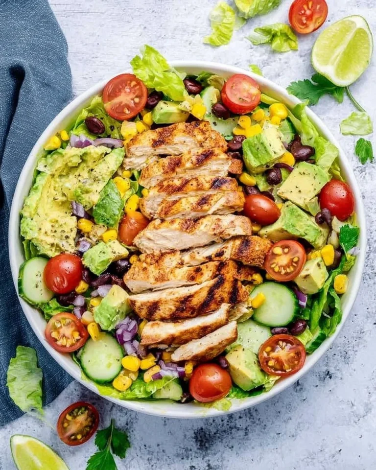 Colorful Southwest Chicken Salad with grilled chicken, veggies, and dressing