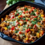 Delicious Southwest Ground Turkey Casserole topped with cheese and herbs