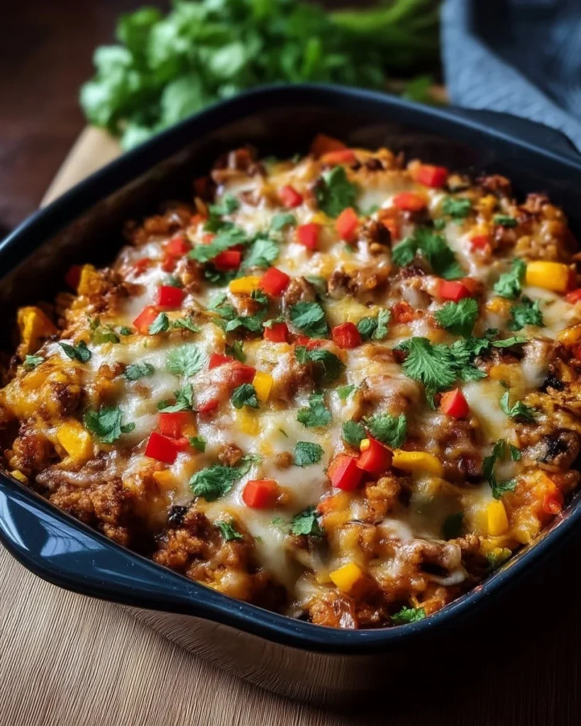 Delicious Southwest Ground Turkey Casserole topped with cheese and herbs