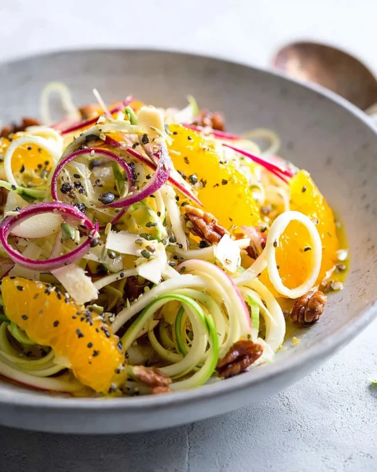 Spiralized apple salad topped with a zesty citrus dressing in a bowl.