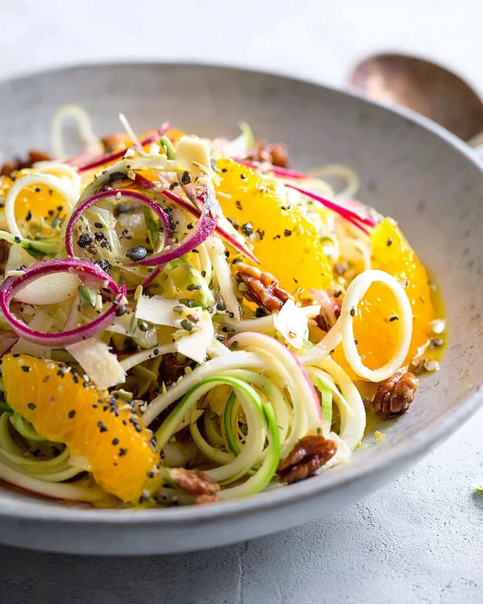 Spiralized apple salad topped with a zesty citrus dressing in a bowl.