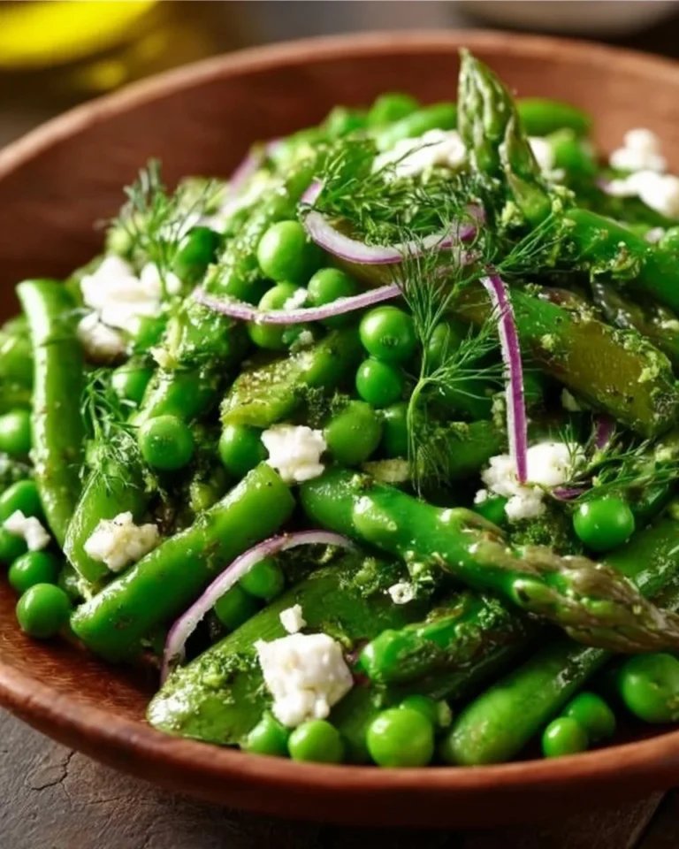 Fresh spring pea salad with leafy greens and a light dressing