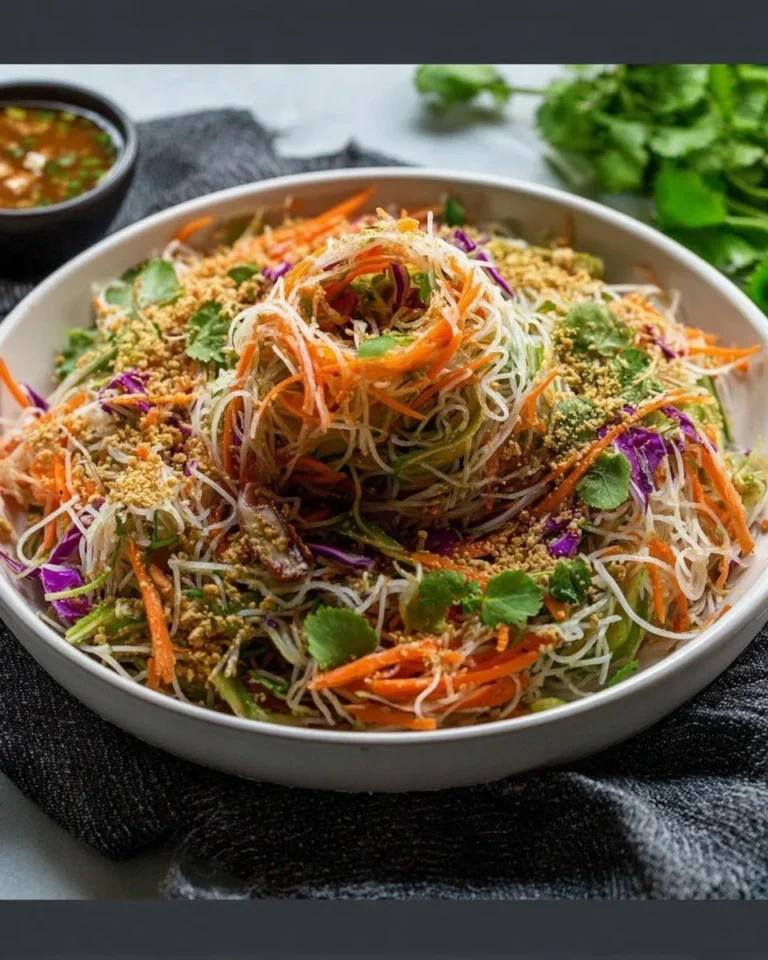 Colorful spring roll salad with fresh vegetables and herbs on a plate.