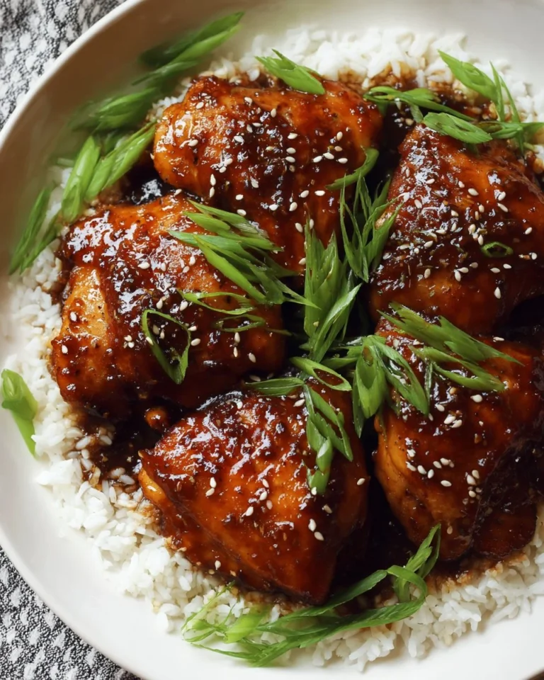 Sticky Asian glazed chicken thighs drizzled with sweet sauce on a plate