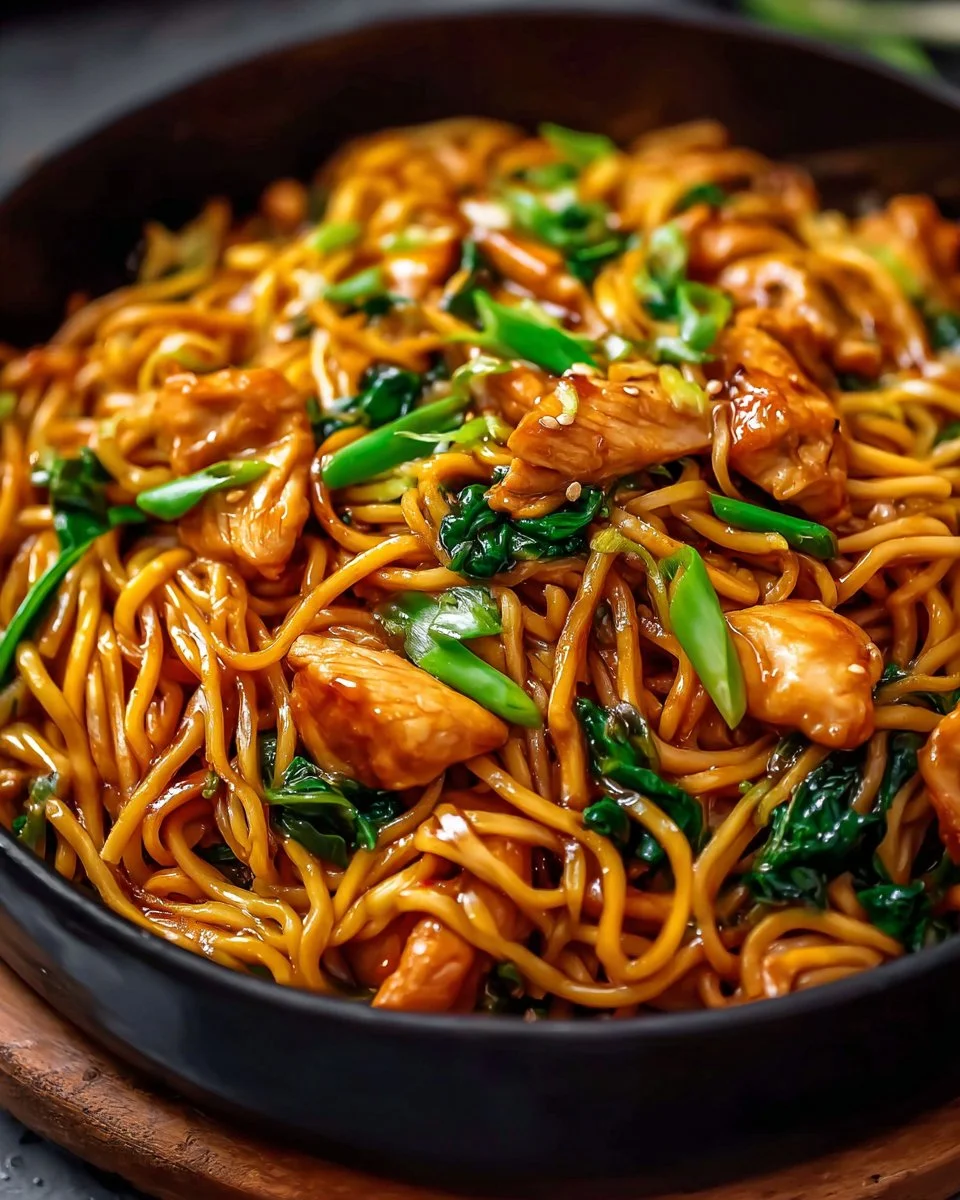 Sticky garlic chicken noodles garnished with green onions and sesame seeds