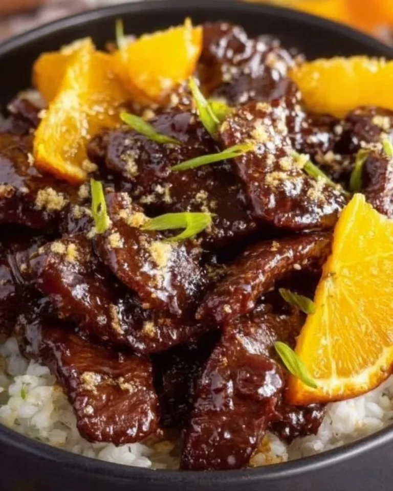 Delicious sticky orange beef served with vegetables and rice.