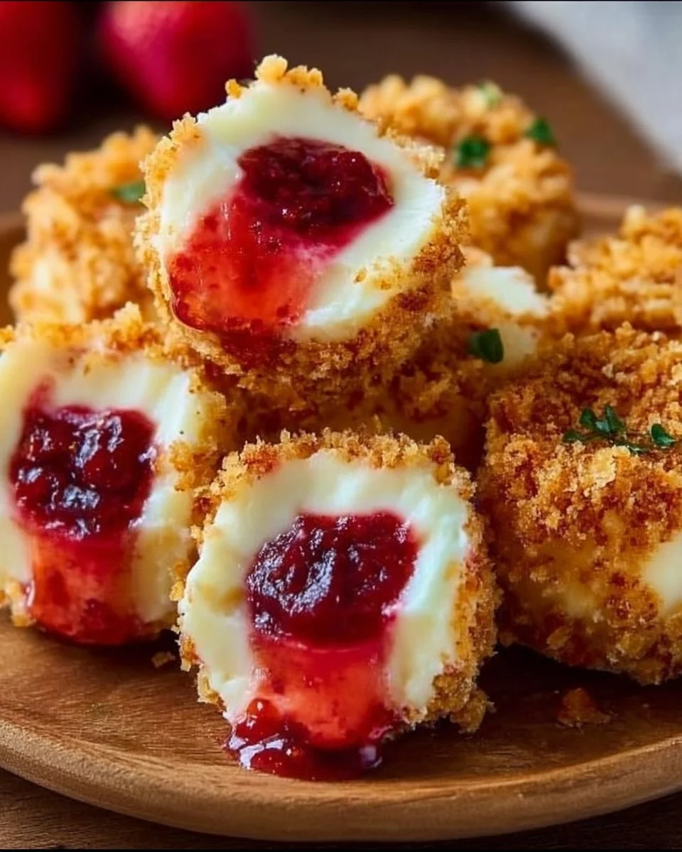 Delicious strawberry crunch cheesecake bites topped with strawberry pieces.