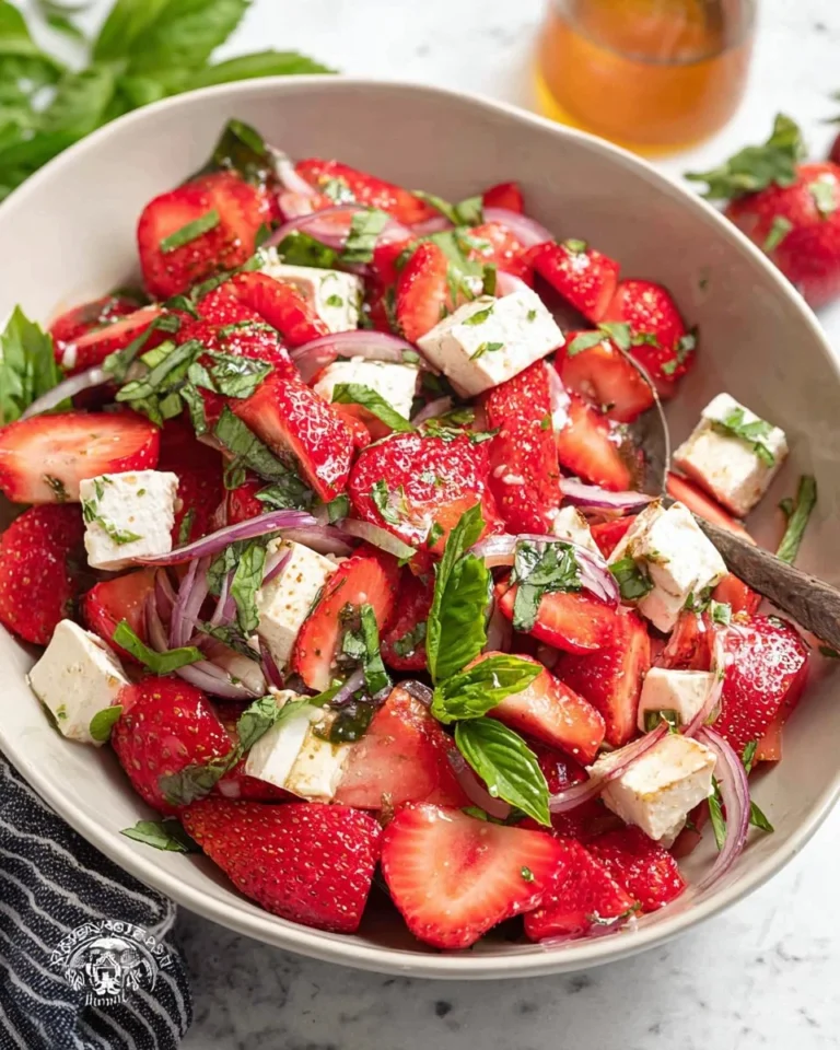 Fresh Strawberry Feta Salad with greens, sliced strawberries, and feta cheese