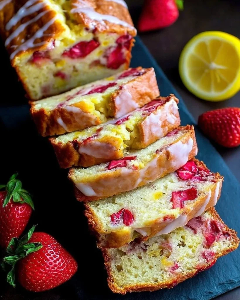 Delicious strawberry lemonade quick bread with fresh strawberries and lemon zest