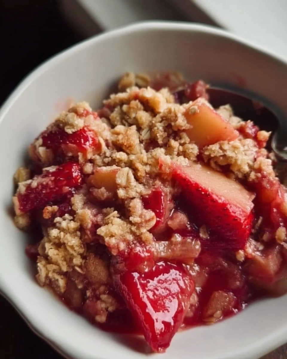 Delicious strawberry rhubarb crisp baked dessert ready to serve.