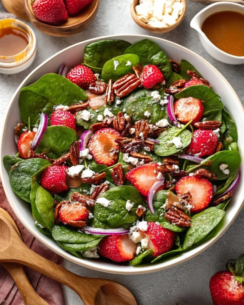 Colorful strawberry salad with fresh greens, nuts, and dressing