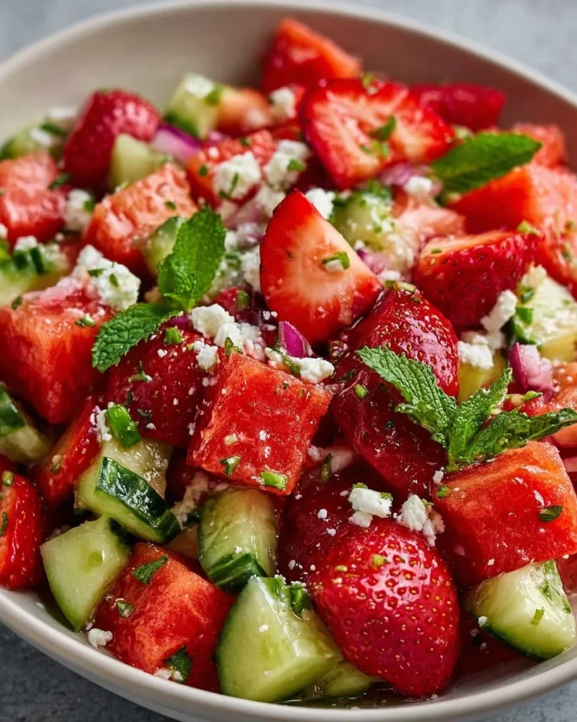Delicious Strawberry Watermelon Salad served in a bowl with mint.