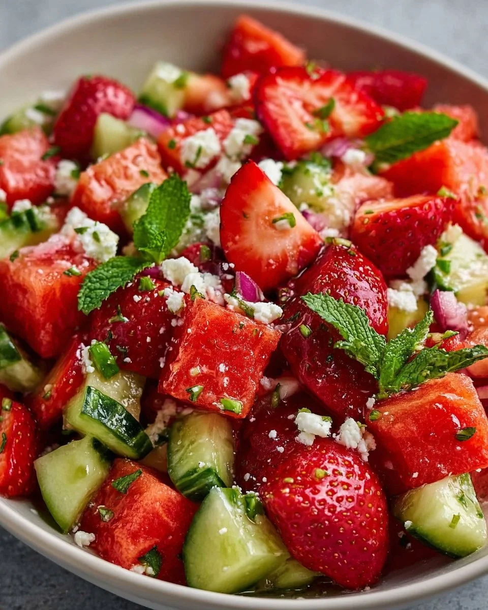 Delicious Strawberry Watermelon Salad served in a bowl with mint.