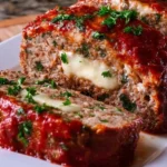 Delicious stuffed Italian meatloaf garnished with herbs and cheese