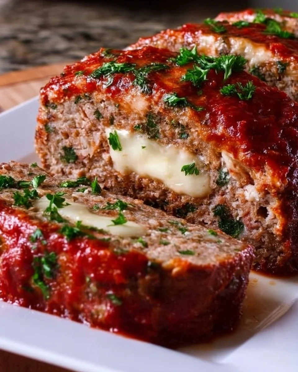 Delicious stuffed Italian meatloaf garnished with herbs and cheese