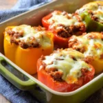 Colorful stuffed peppers filled with rice, meat, and vegetables served on a plate.