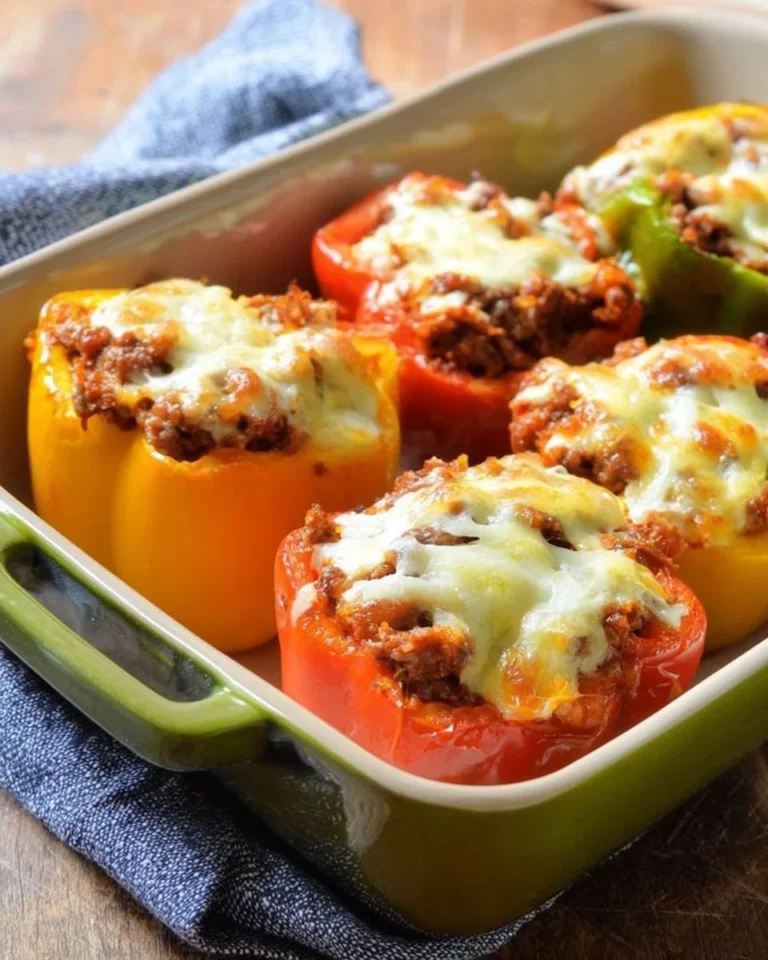 Colorful stuffed peppers filled with rice, meat, and vegetables served on a plate.