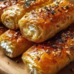 Delicious sweet and savory feta rolls on a rustic wooden table.