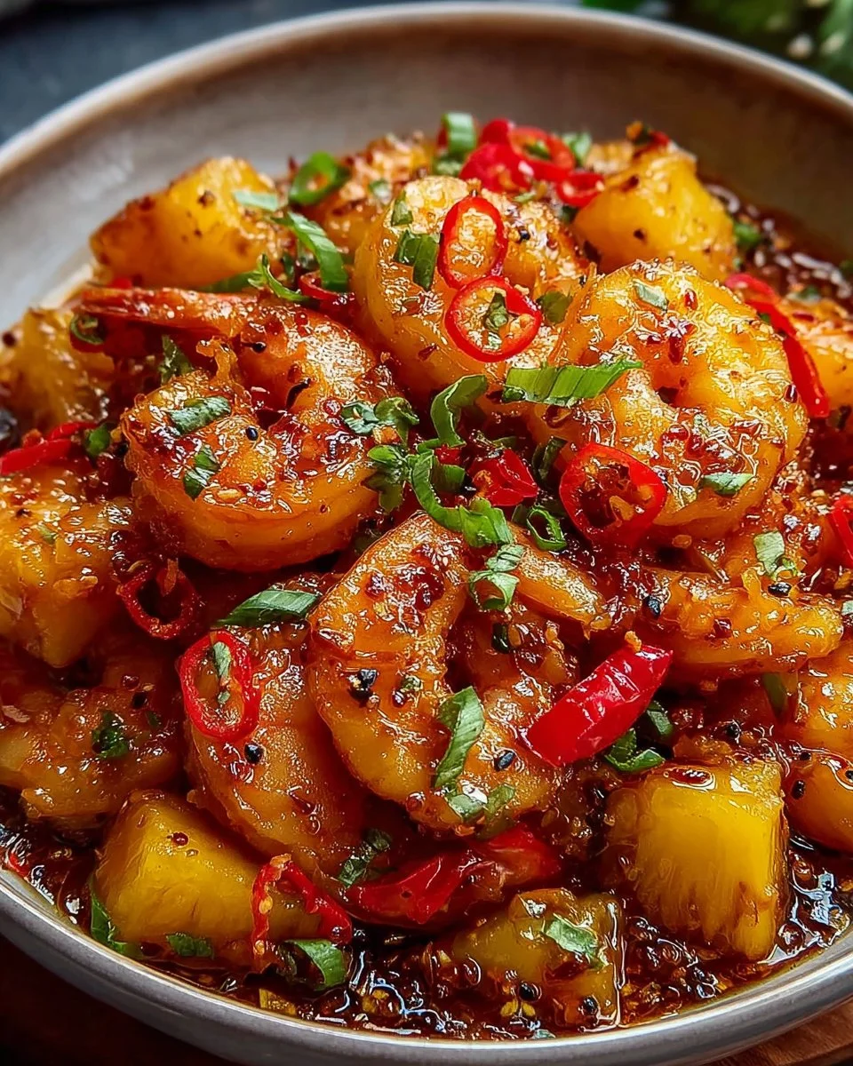 Plate of Sweet Chili Pineapple Shrimp garnished with fresh herbs