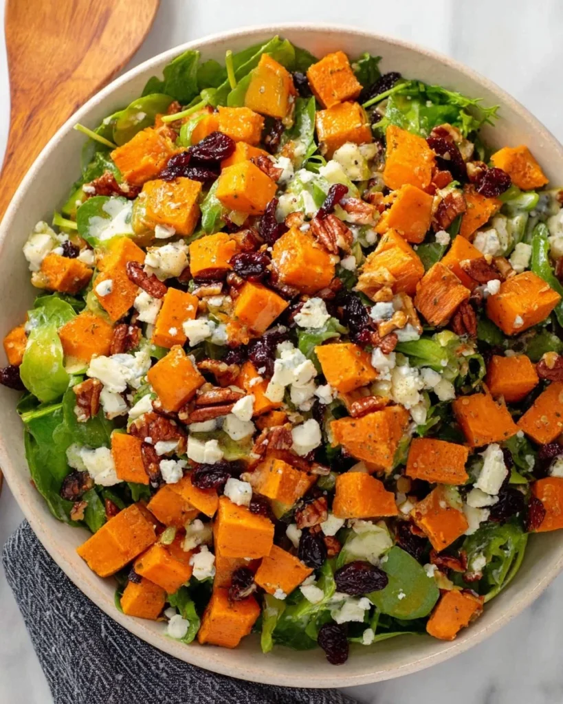 Colorful sweet potato salad with fresh vegetables and dressing