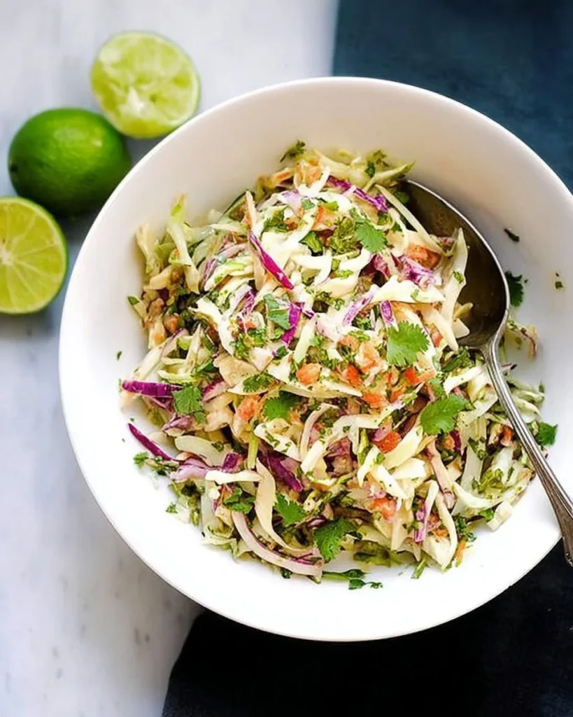 Bowl of tangy Mexican coleslaw with colorful vegetables and dressing.