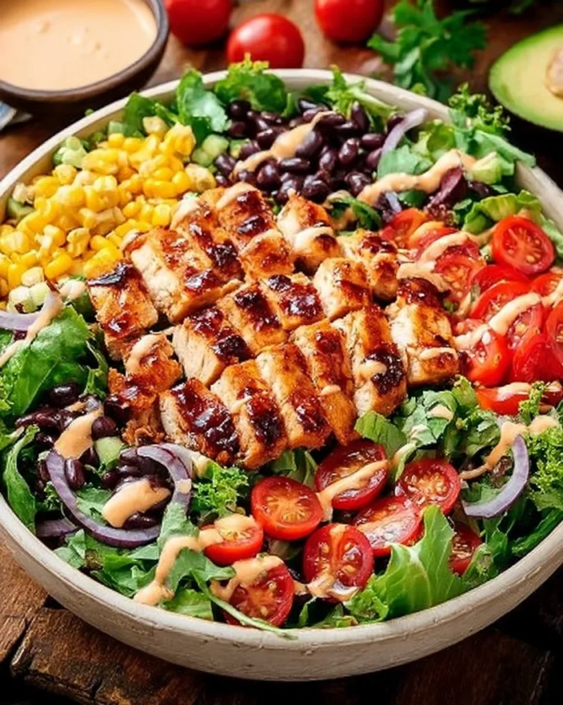 A vibrant BBQ chicken salad with grilled chicken, greens, and BBQ sauce.