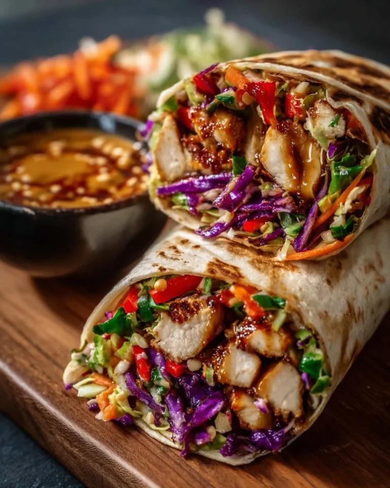 Delicious Thai Chicken Wrap served with crunchy Asian slaw on the side.