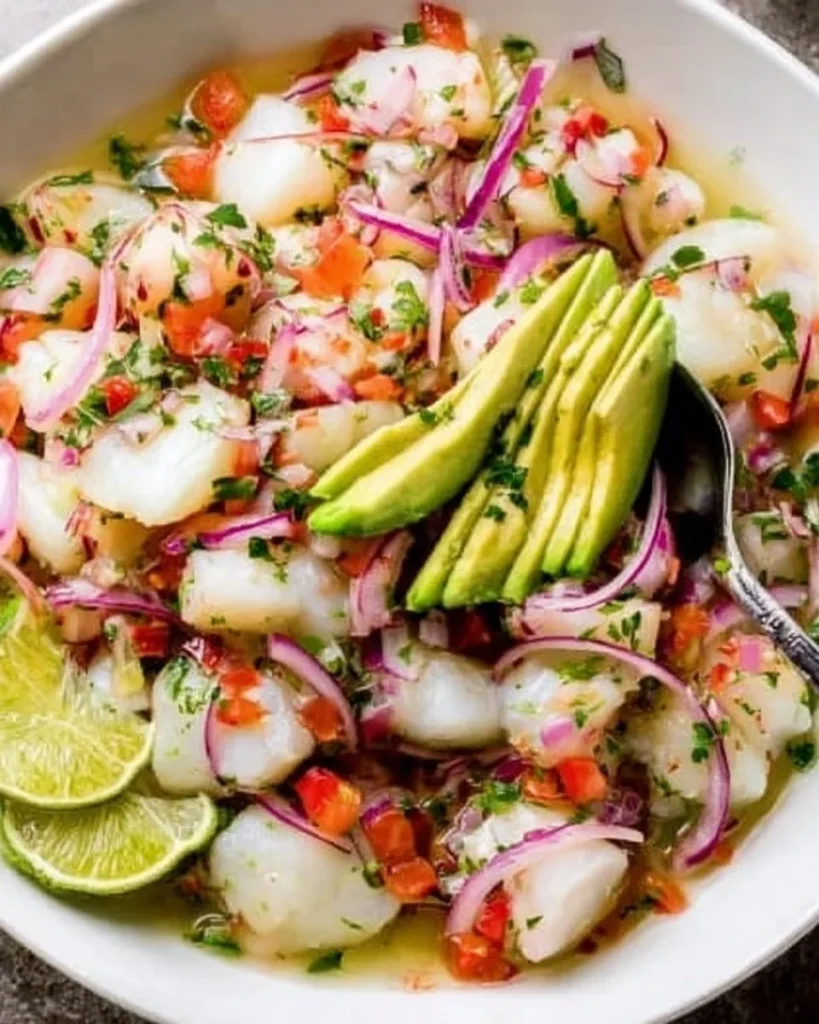 A colorful dish of fresh ceviche with seafood, herbs, and garnishes served in a bowl.