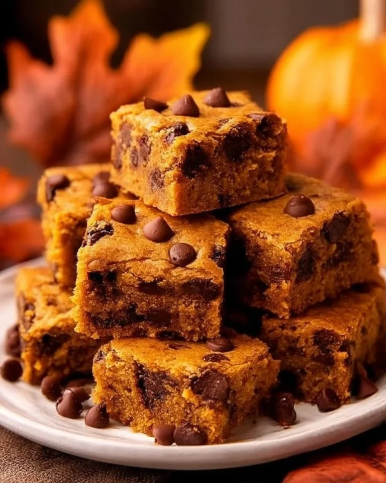 Delicious chocolate chip pumpkin blondies freshly baked in a pan.