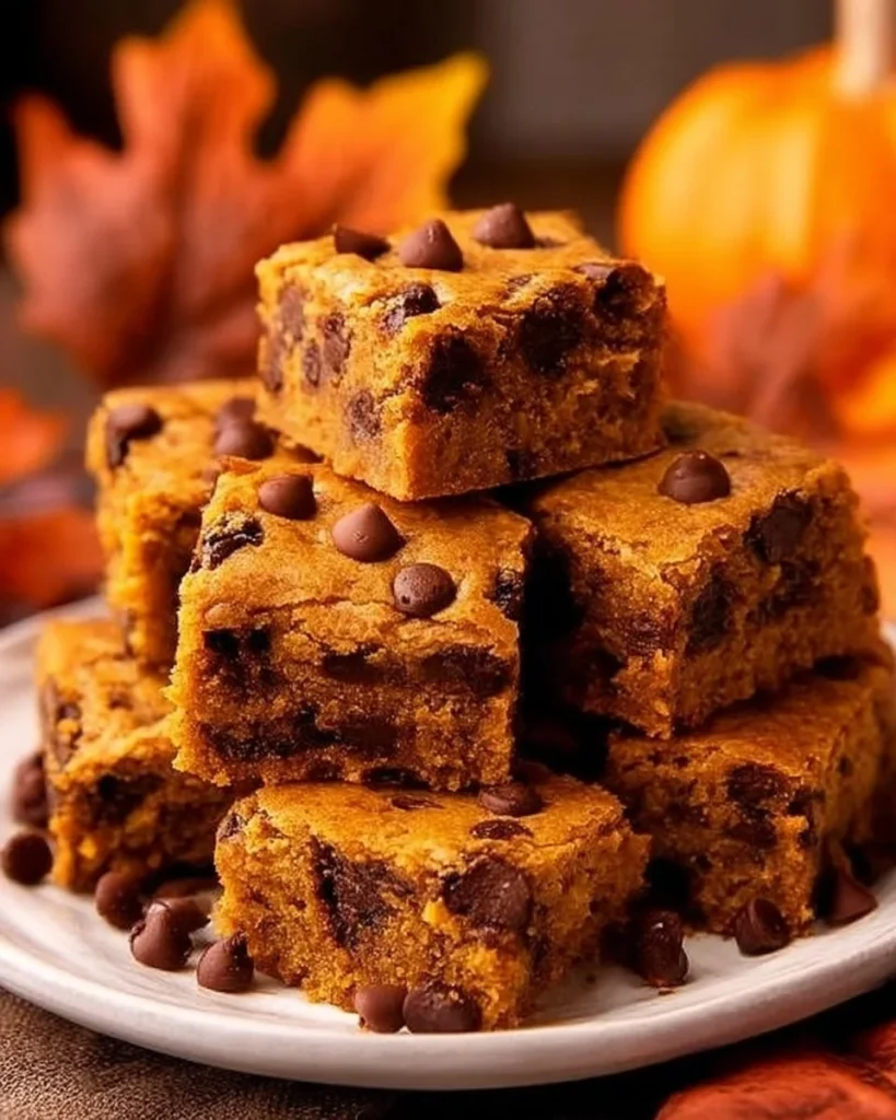 Delicious chocolate chip pumpkin blondies freshly baked in a pan.