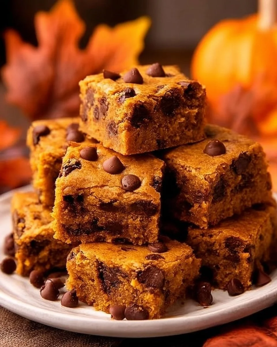 Delicious chocolate chip pumpkin blondies freshly baked in a pan.