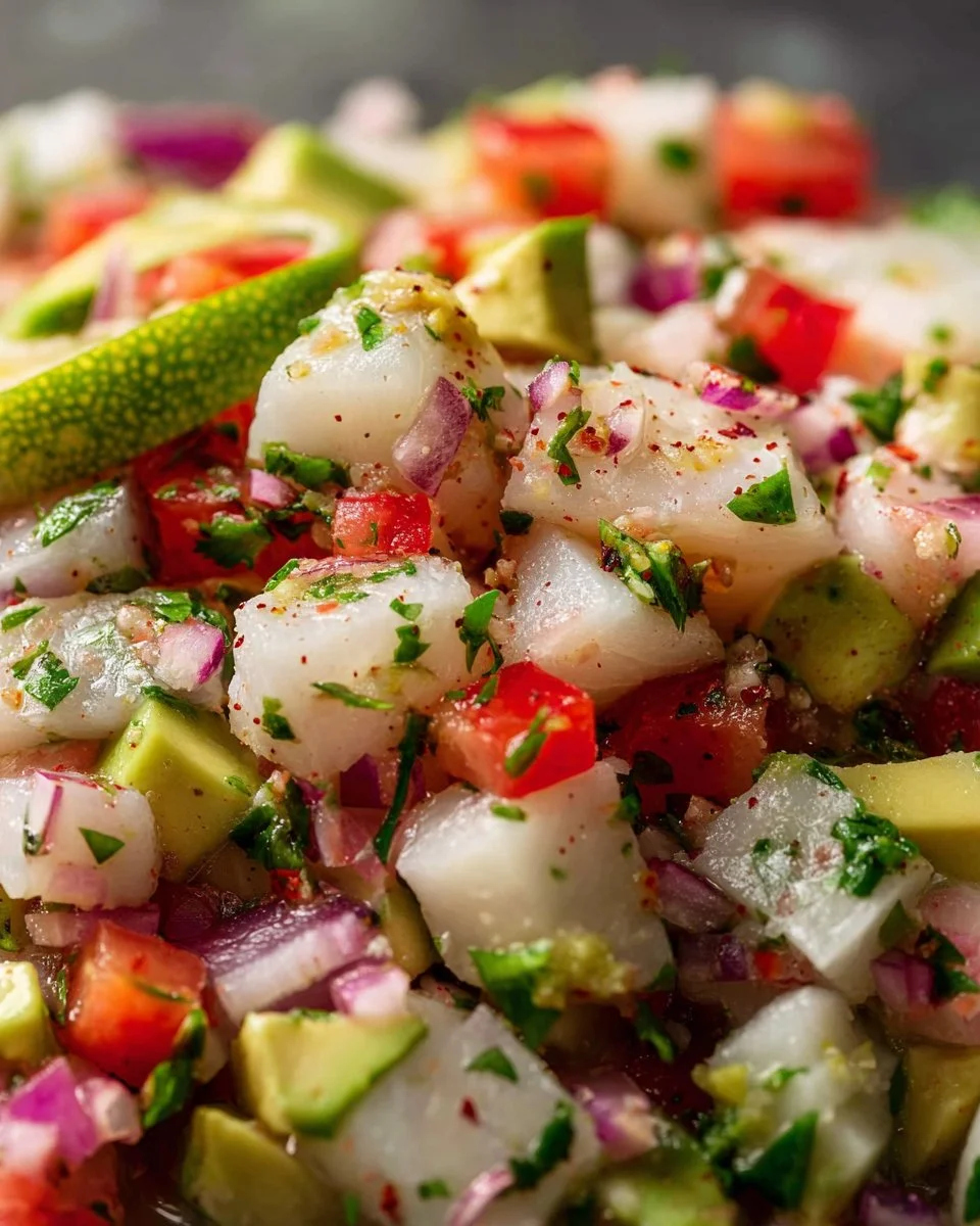 Delicious fish ceviche dish garnished with lime and cilantro